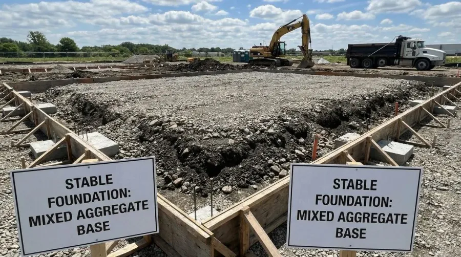 Construction foundation with gravel dirt mixture for stability