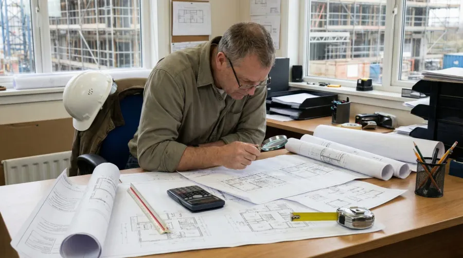 Contractor reviewing detailed blueprints and performing calculations