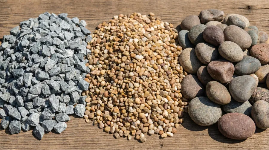 Various types of gravel materials including crushed stone, pea gravel, and river rock