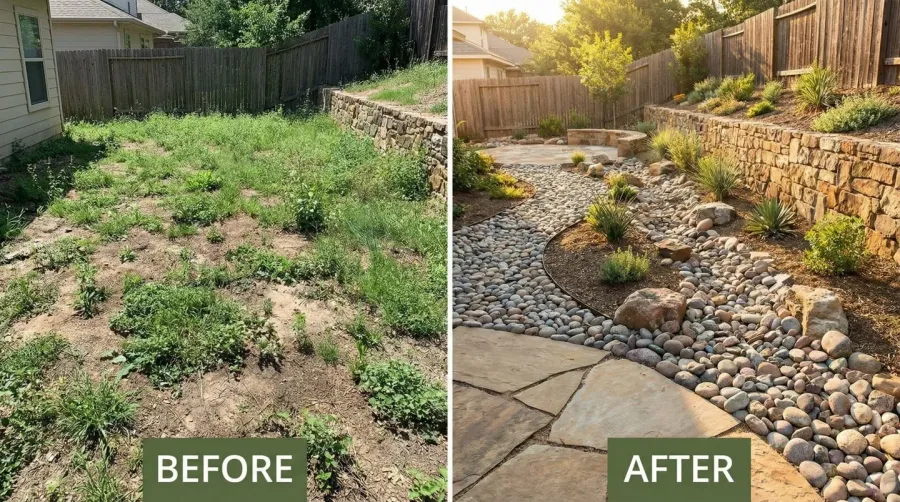 Before and after landscaping project showing proper river rock size selection