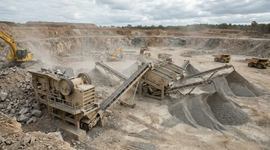 Modern Quarry Crushing And Screening Equipment In Operation