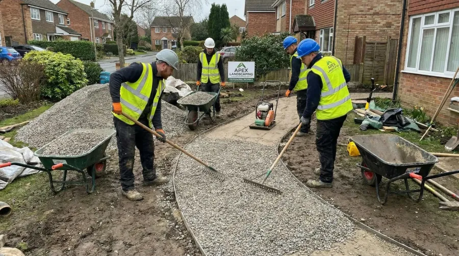 Workers installing gravel pathway with proper tools and equipment