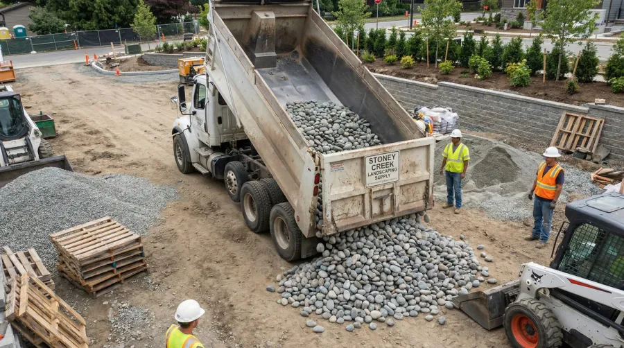 Bulk River Rock Delivery Truck Landscaping Site