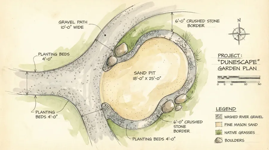 Landscape design sketch showing sand and gravel layout with measurements