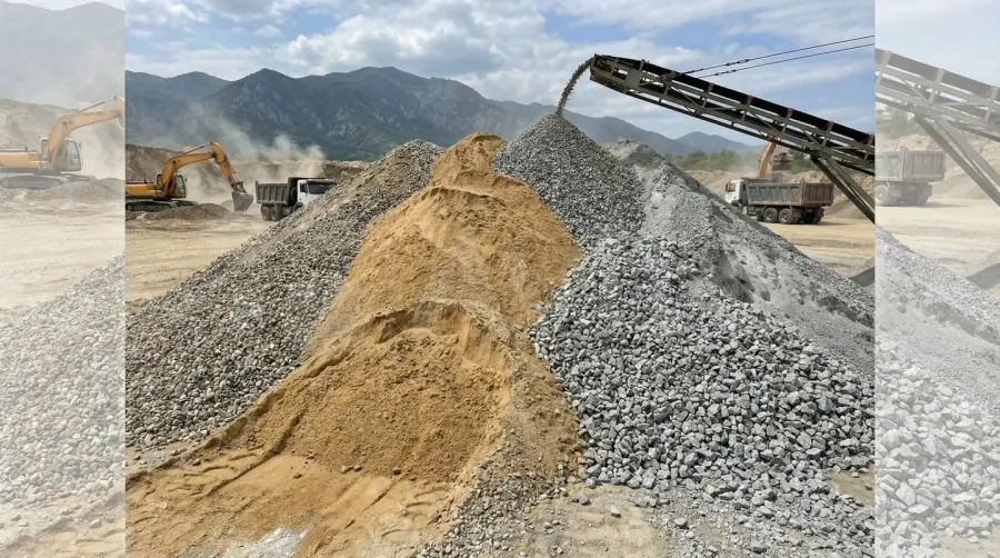 Pile of construction aggregates including gravel, sand, and crushed stone materials