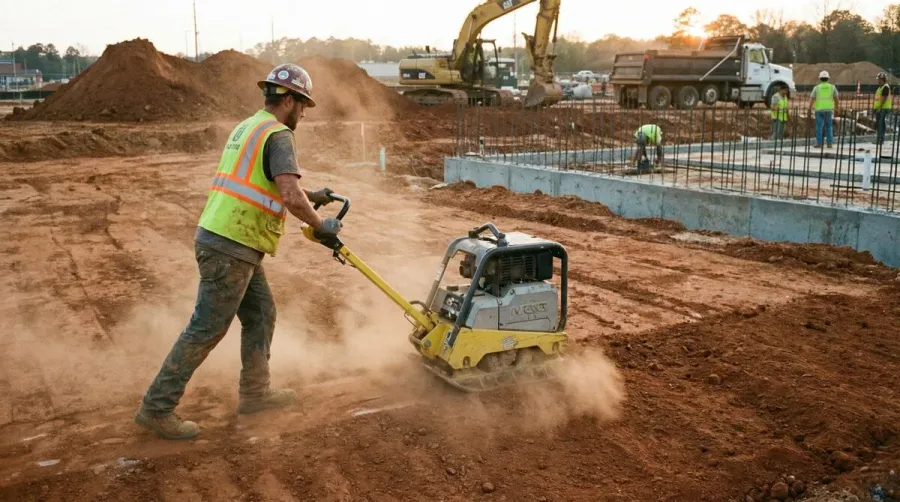 Construction worker compacting fill dirt with mechanical equipment on a construction site