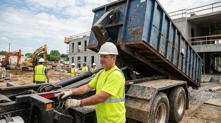 Roll-off truck driver operating hydraulic equipment at construction site