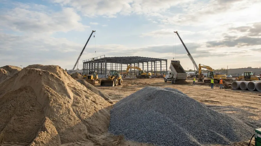 Construction site with sand and gravel piles