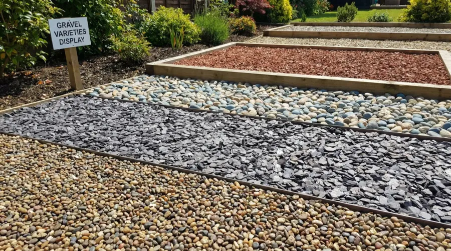 Various gravel types displayed in landscaping project