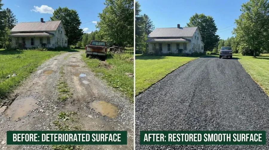Before and after gravel driveway restoration showing deteriorated vs restored surface