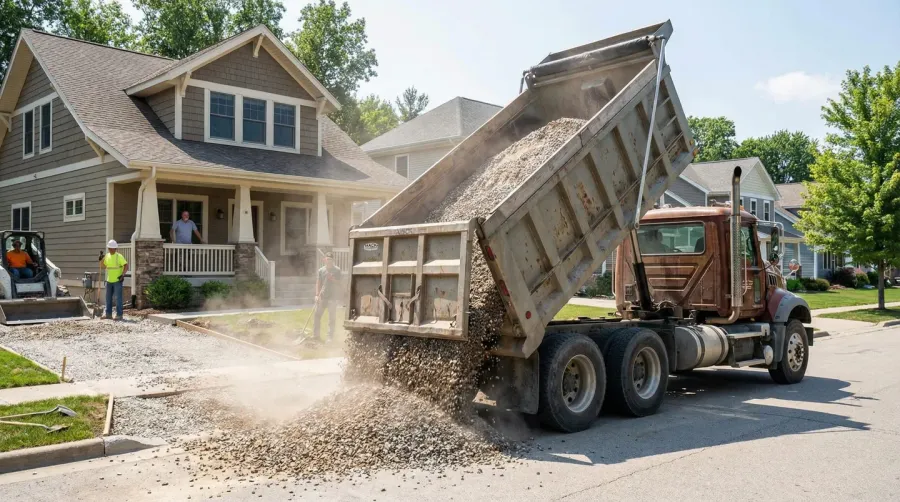 Delivery truck unloading stone at residential property