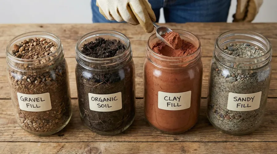 Different types of fill dirt samples showing texture differences