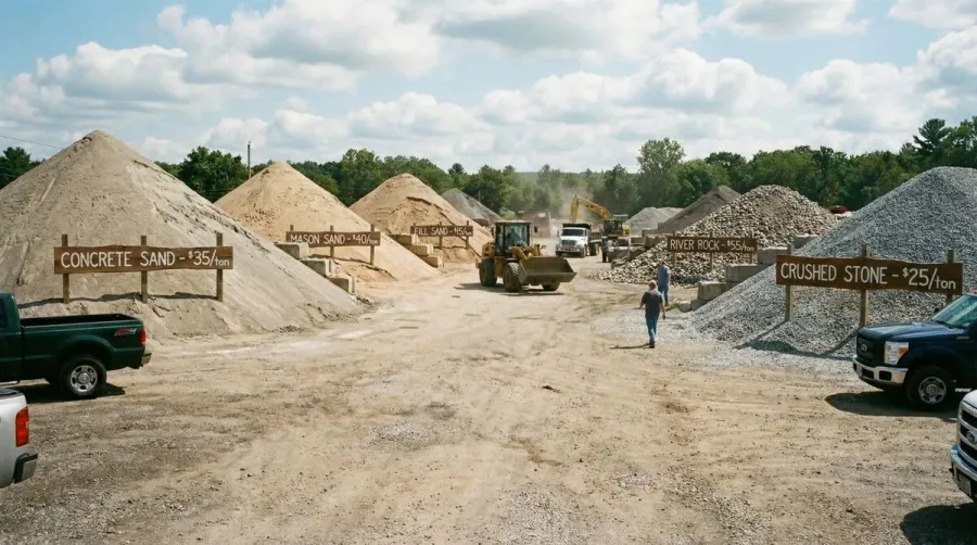 bulk sand pile with price tags showing different types and costs