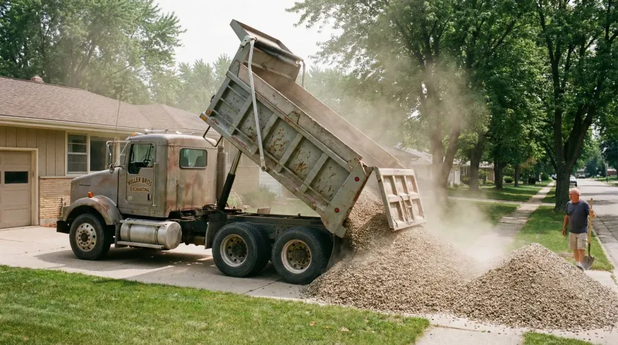 Dump truck delivering loose gravel to residential driveway