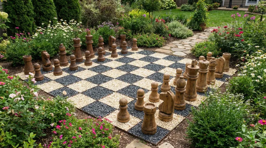 Completed outdoor gravel chessboard with alternating colored squares