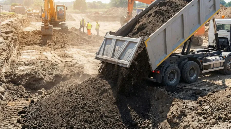 Dump truck delivering fill dirt to construction site