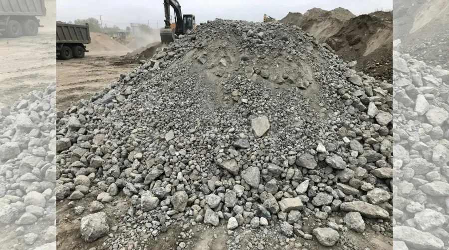 Crushed concrete pile at construction site