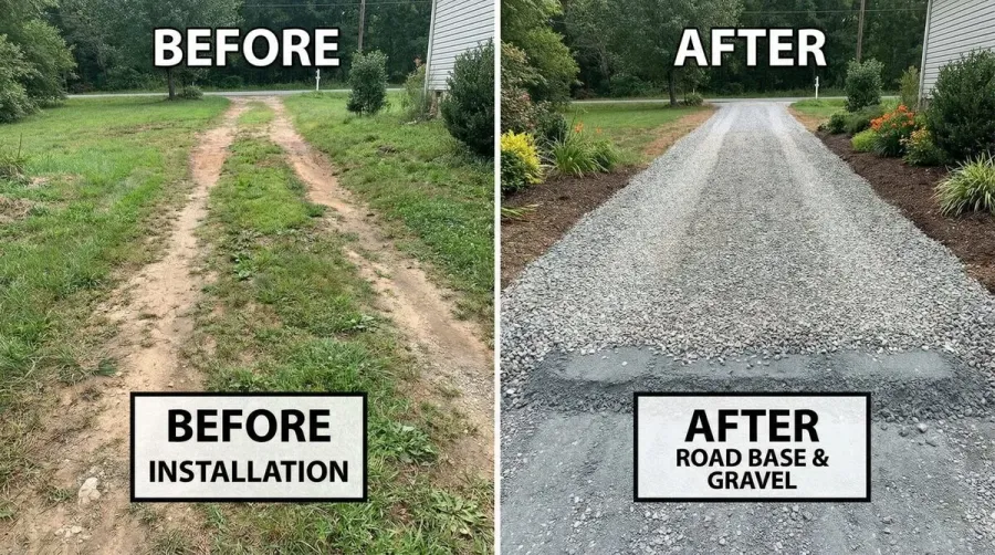 before and after photos showing a driveway installation with road base foundation and gravel top layer