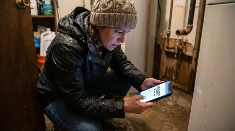 homeowner searching on phone for emergency contractor services