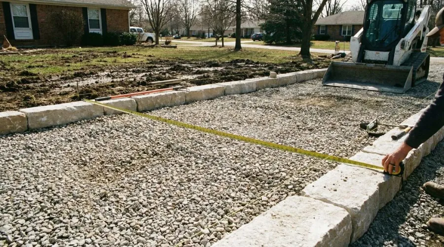 Limestone driveway construction with measuring tape