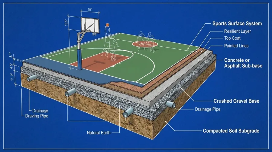 Basketball court construction with gravel base layers cross-section