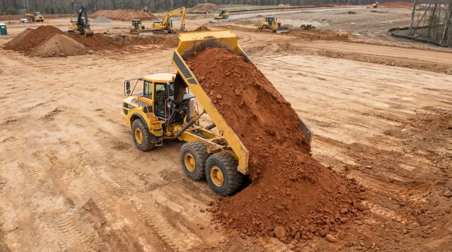 Dump truck delivering clay fill dirt