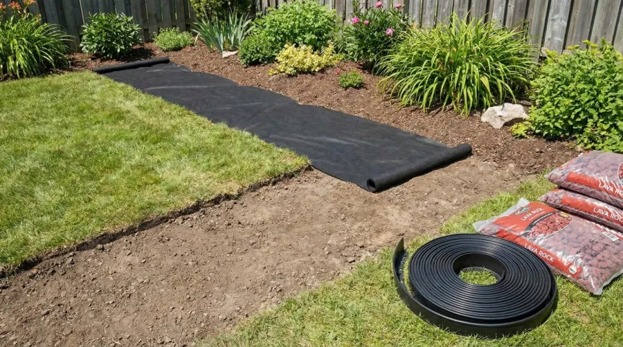 Lava rock installation steps showing landscape fabric and edging