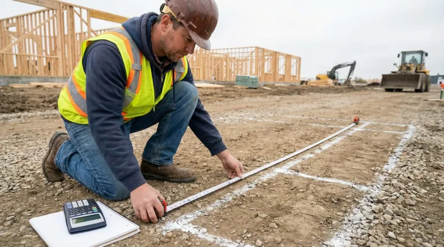 Construction worker measuring dirt area with measuring tape and calculator