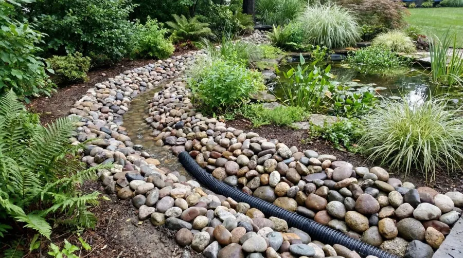 medium river rocks used in landscaping drainage system around pond