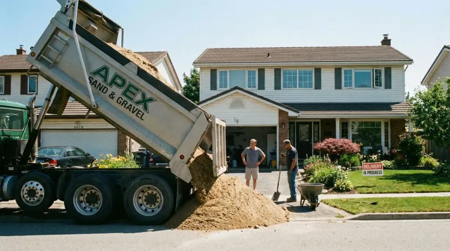Sand delivery truck unloading at residential property