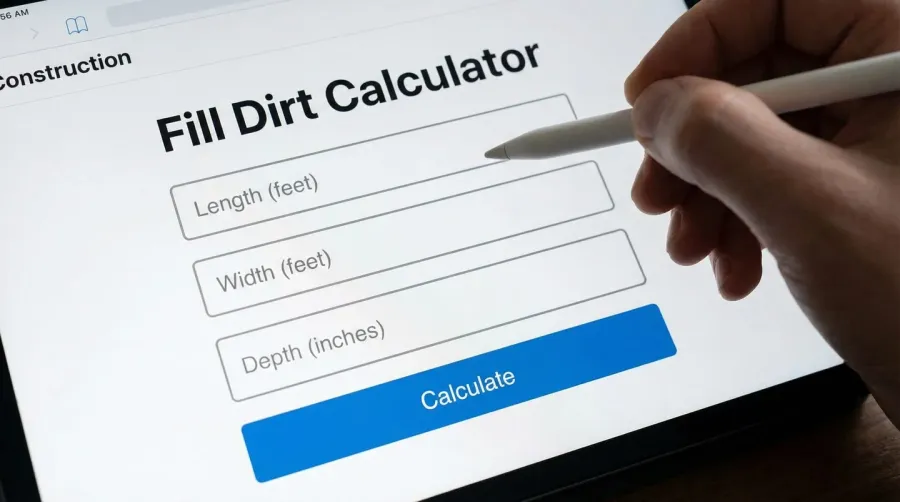 Fill dirt calculator interface showing length, width, and depth input fields