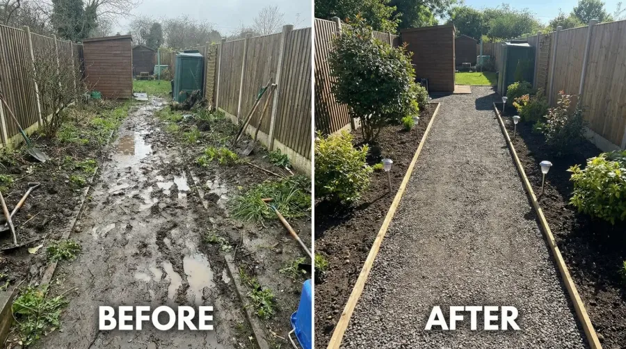Before and after transformation of a muddy garden area into a clean slag gravel path installation