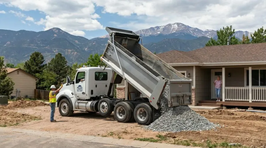 Hello Gravel dump truck delivering crushed concrete in Colorado Springs