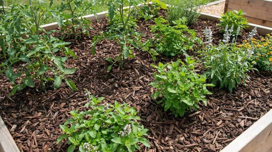 Garden bed with mulch around plants weed free