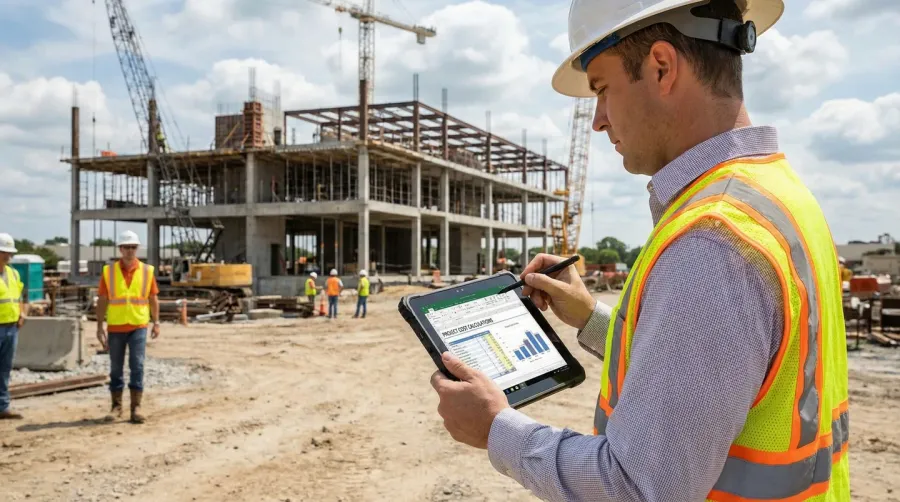 Contractor using tablet to calculate project costs on construction site