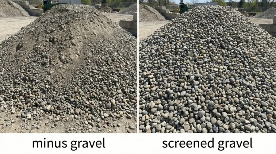 Side-by-side comparison of minus gravel and screened gravel piles showing texture differences