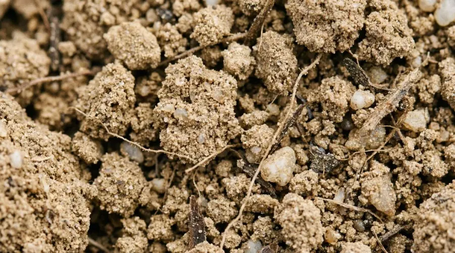 Close-up texture photo of loamy sand soil showing granular structure and light brown color