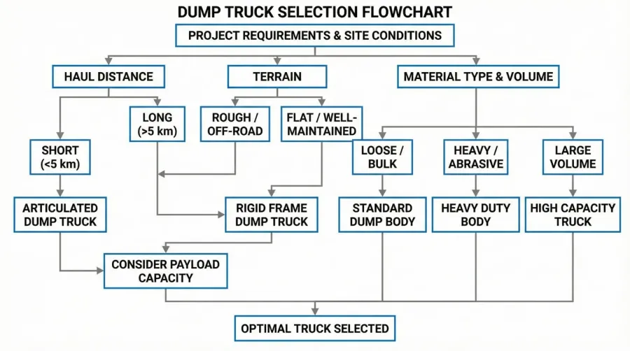 Flowchart showing dump truck selection based on project requirements