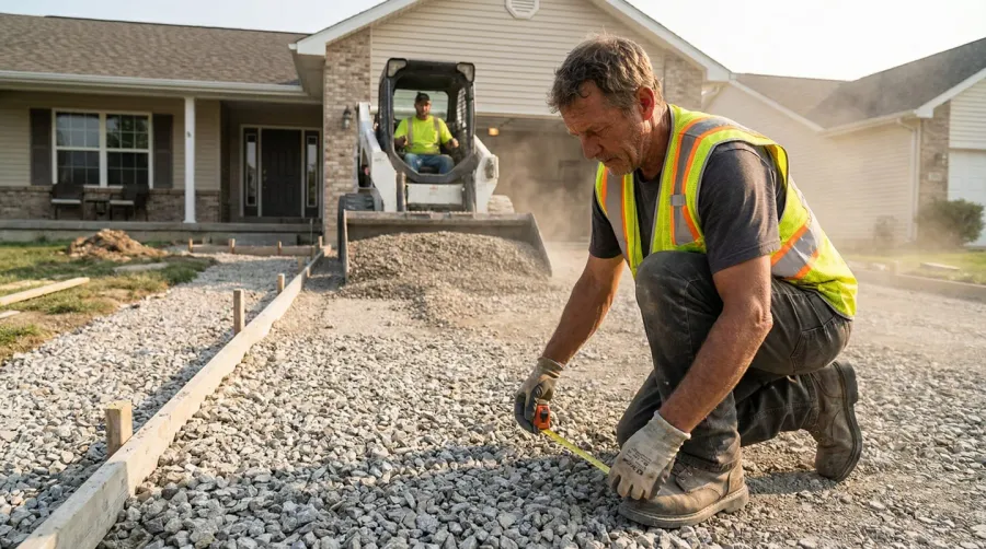 construction worker measuring and laying crushed concrete for a driveway project