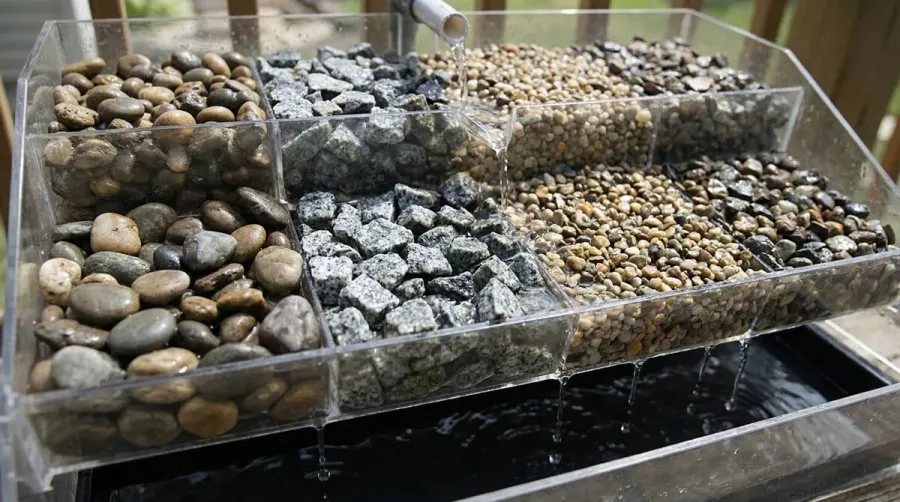 close-up photo of various gravel types showing different sizes and textures with water drainage demonstration