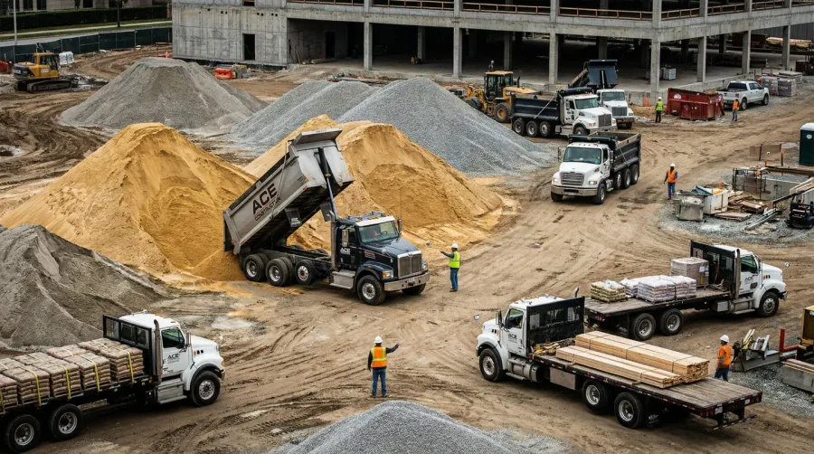 Construction Site With Sand And Gravel Piles