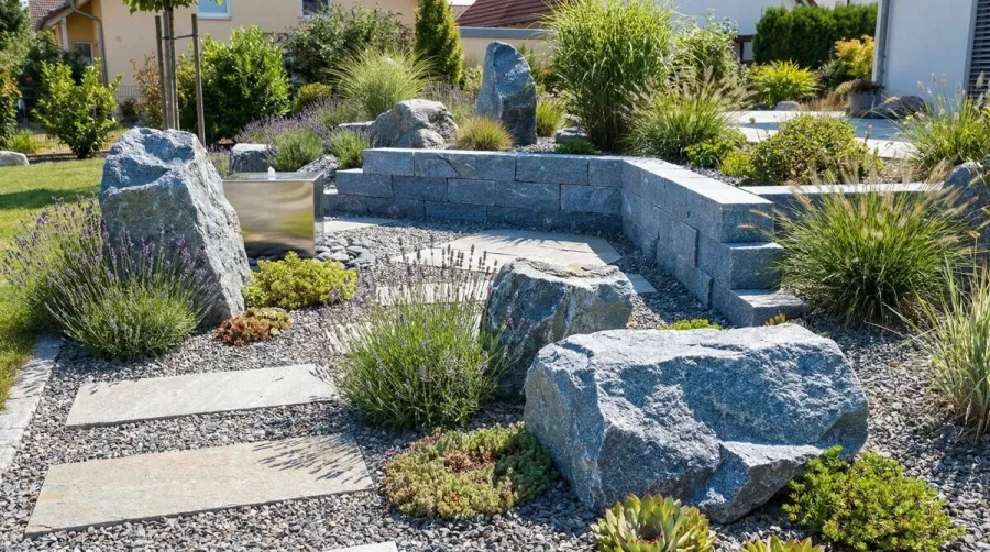 Blue Granite Rocks In Modern Landscape Design With Pathways And Garden Features
