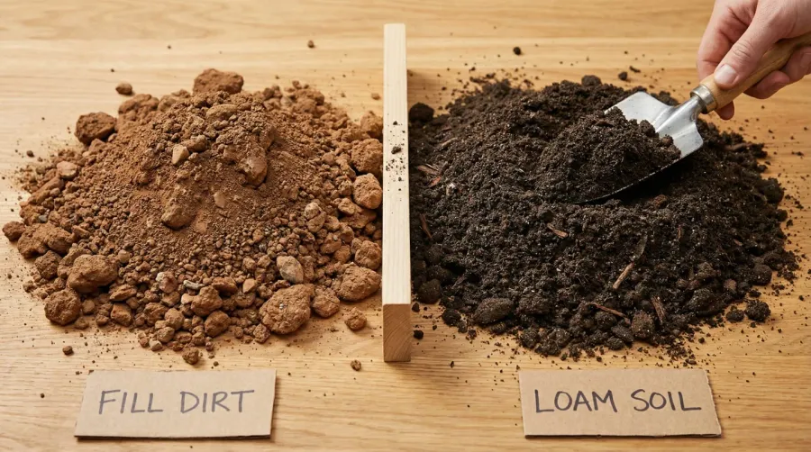 Side-by-side comparison of fill dirt and loam soil showing texture and color differences