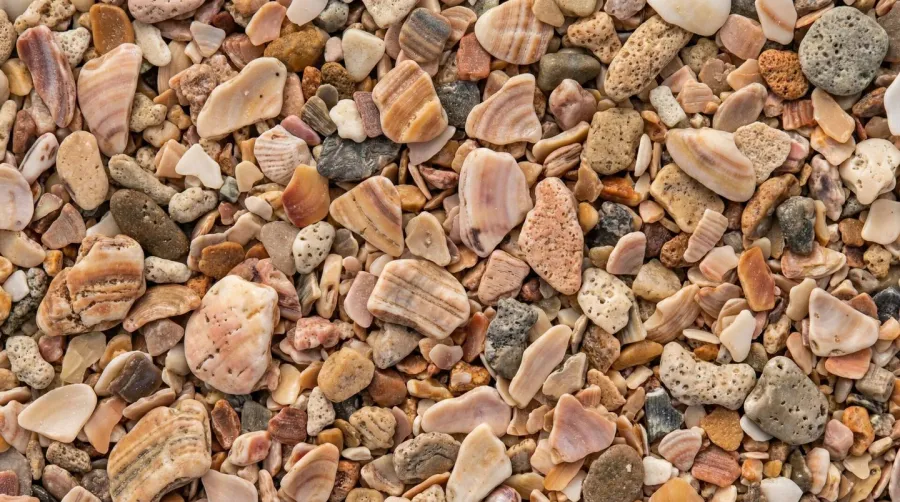 close-up texture shot of crushed coquina sand showing shell fragments and natural color variations