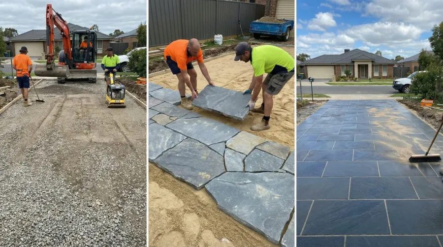 Bluestone driveway installation showing base preparation and stone laying
