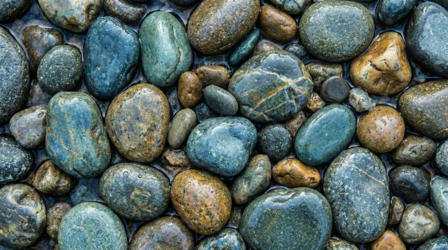 Close-up view of different sized river stones showing natural color variations and smooth rounded surfaces