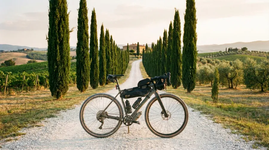 Gravel bike on white Tuscan road with cypress trees