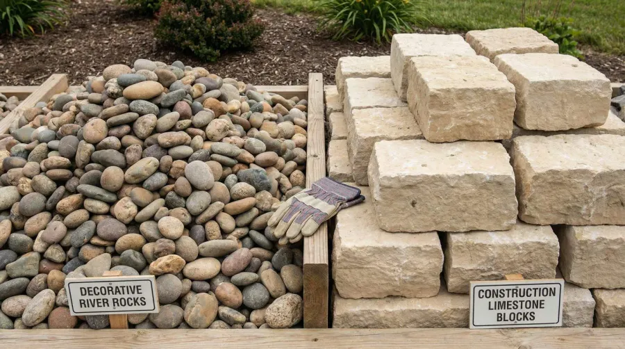 Side-by-side comparison showing decorative river rocks versus construction limestone blocks