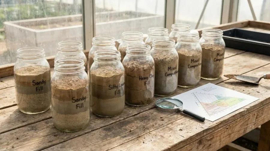 Different types of fill dirt samples showing sand, silt, and clay composition