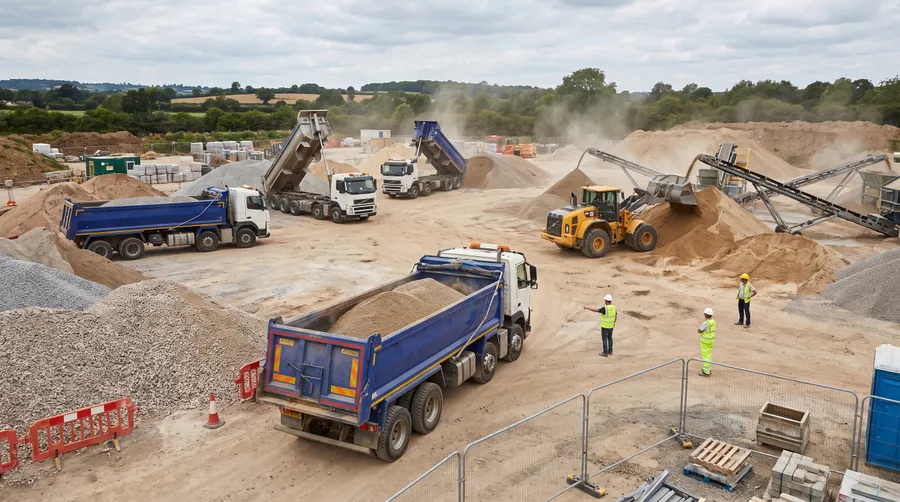 Construction materials delivery site with trucks and aggregates